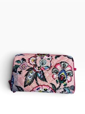 New Vera Bradley RFID Turnlock Wallet Stitched Flowers Pink Floral Zipper Side